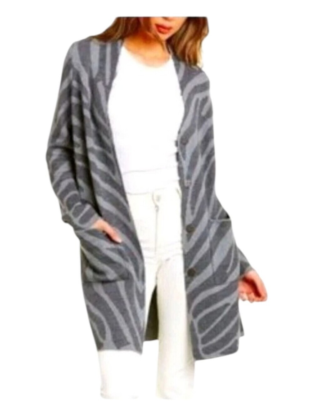 J McLaughlin Womens Gray Zebra Print Wool Blend Knit Tunic Hallie Cardigan Small